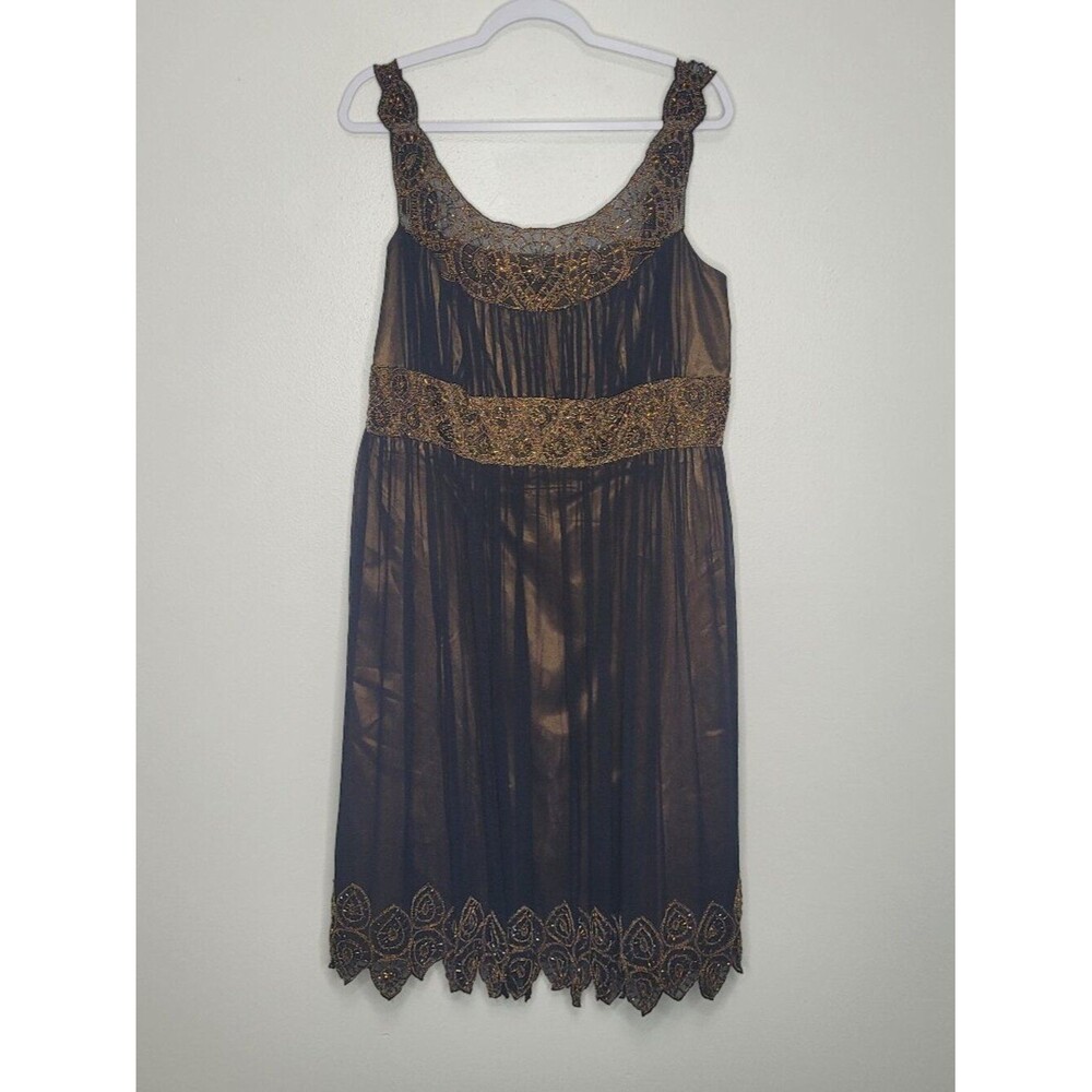 Adrianna Papell Evenings gold black mesh beaded 100% silk midi dress size 16w
